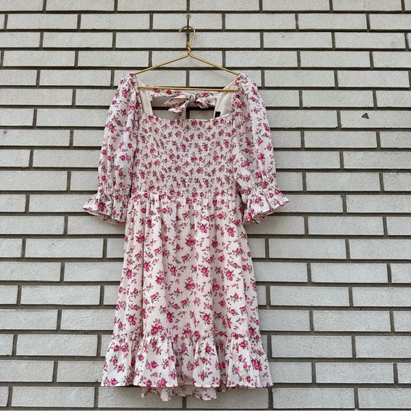 New Look Pink Floral Shirred Puff Sleeve Tie-Back Cotton Smock Mini Dress 14 - Picture 12 of 15